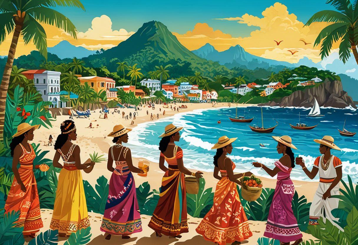 A colorful montage depicting vibrant Blatino cultural elements, including traditional clothing, iconic landmarks, and luscious landscapes from Latin America and the Caribbean. The scene should feature a diverse group of travelers engaging in cultural exchanges, such as sharing food and music, with a backdrop of famous cultural symbols like a lush rainforest, festive cityscapes, and picturesque beaches. The atmosphere should be warm and inviting, embodying the spirit of adventure and connection. bright colors. digital illustration.