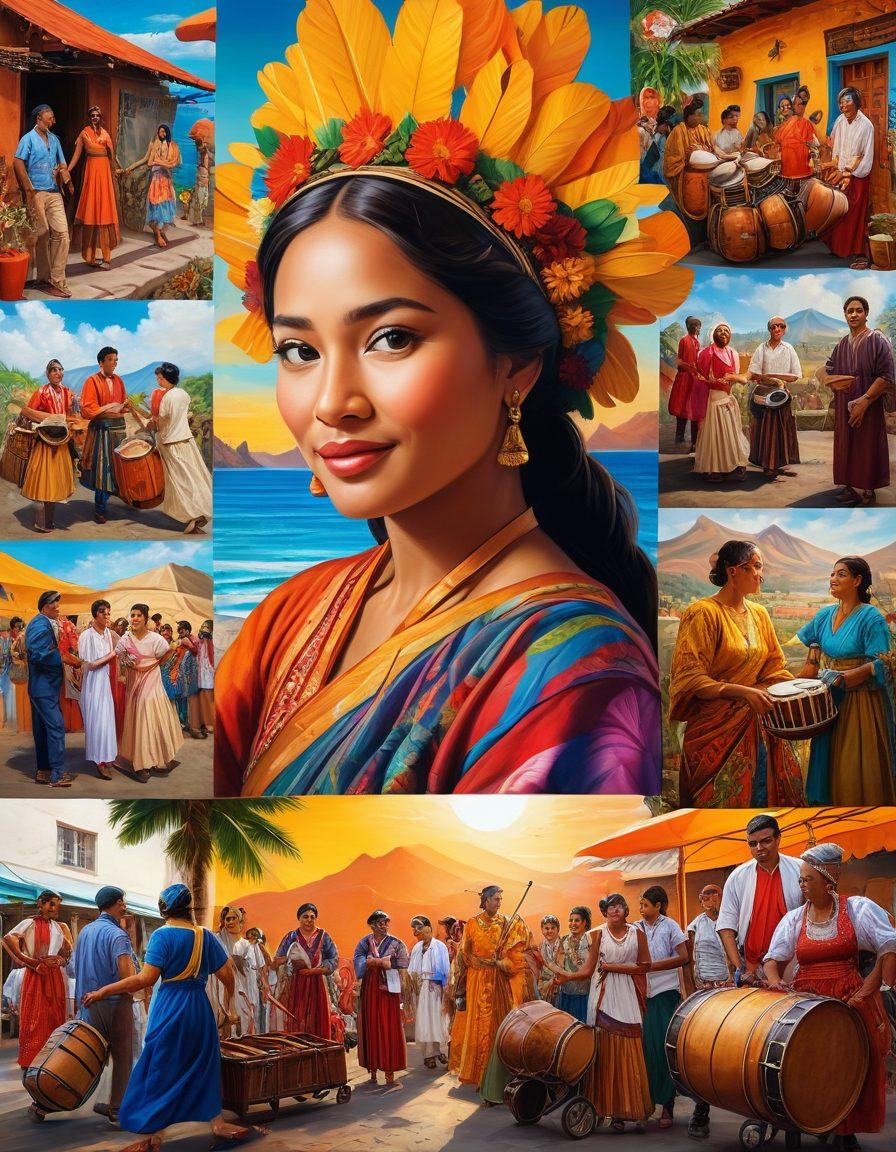 A vibrant collage showcasing the diverse aspects of Blatino culture, featuring traditional clothing, festive celebrations, and community gatherings. Include elements like colorful murals, lively music scenes, and delicious traditional food items creatively arranged. Subtle hints of travel, like a suitcase and a passport, should be present to signify exploration. Emphasize warmth and community spirit with people of various backgrounds interacting joyfully. super-realistic. vibrant colors. 3D.