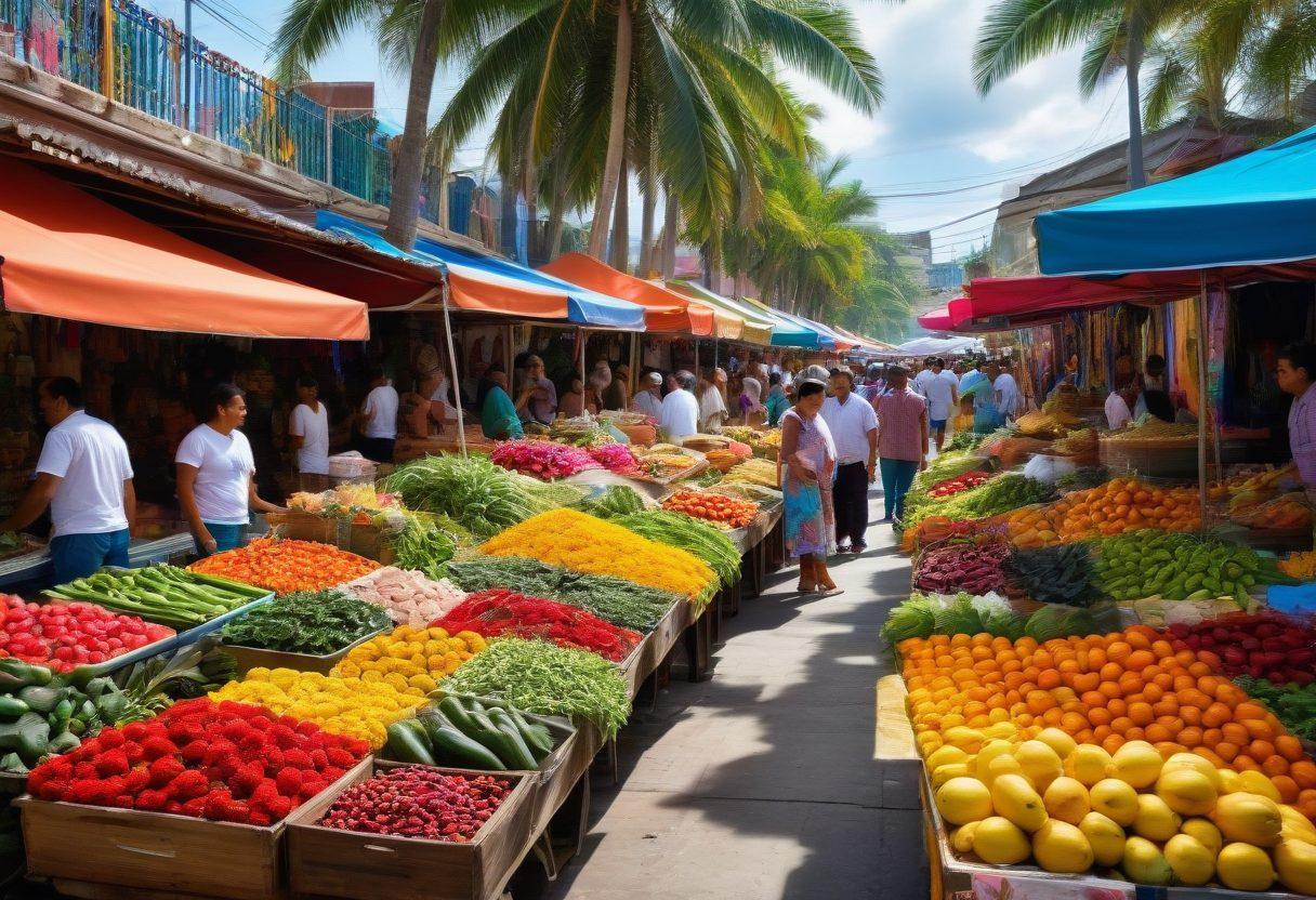 A vibrant Latino market scene filled with colorful fruits, vegetables, and spices, showcasing traditional dishes being prepared by cheerful vendors. Include people enjoying street food, wearing cultural attire, with a backdrop of festive decorations and local artwork. The atmosphere should be lively and inviting, capturing the essence of Blatino communities. super-realistic. vibrant colors. tropical elements.